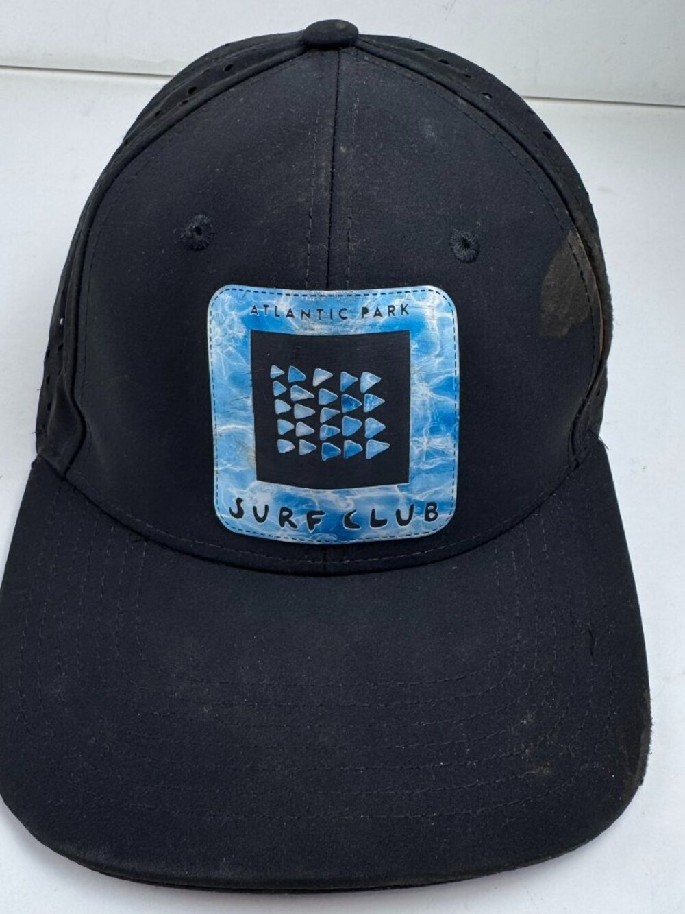 Atlantic Park Surf Club Hat Mens Black Snapback Perforated Trucker Cap Stains